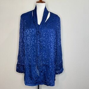 Bob Mackie Wearable Art Velvet Burnout Paisley Swirls Silk Blend Tunic LG Blue